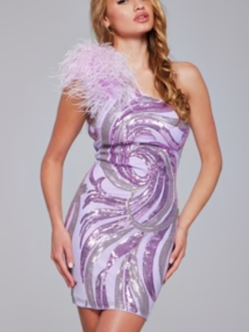 Jovani Lavender One-Shoulder Sequin Mini Dress with Feather Trim